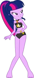 Size: 1960x4457 | Tagged: safe, alternate version, artist:dustinwatsongkx, derpibooru import, sci-twi, twilight sparkle, human, equestria girls, g4, accessory swap, bare shoulders, barefoot, bikini, bikini bottom, clothes, clothes swap, feet, female, geode of empathy, image, magical geodes, missing accessory, my little pony equestria girls: better together, no glasses, png, simple background, sleeveless, solo, sunset shimmer swimsuit, sunset shimmer's beach shorts swimsuit, swimsuit, swimsuit swap, transparent background, vector