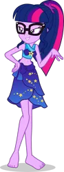 Size: 1584x4245 | Tagged: safe, alternate version, artist:dustinwatsongkx, derpibooru import, sci-twi, twilight sparkle, human, equestria girls, g4, bare shoulders, barefoot, belly, belly button, clothes, clothes swap, feet, female, flirting, image, png, sarong, simple background, sleeveless, solo, sports bra, swimsuit, swimsuit swap, transparent background, trixie's beach shorts swimsuit