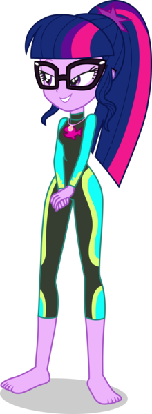 Size: 1525x4164 | Tagged: safe, alternate version, artist:dustinwatsongkx, derpibooru import, sci-twi, twilight sparkle, human, equestria girls, g4, accessory swap, barefoot, clothes, clothes swap, feet, female, fluttershy's wetsuit, geode of fauna, glasses, image, magical geodes, my little pony equestria girls: better together, png, simple background, solo, swimsuit, swimsuit swap, transparent background, vector, wetsuit