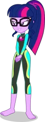 Size: 1525x4164 | Tagged: safe, alternate version, artist:dustinwatsongkx, derpibooru import, sci-twi, twilight sparkle, human, equestria girls, g4, accessory swap, barefoot, clothes, clothes swap, feet, female, fluttershy's wetsuit, geode of fauna, glasses, image, magical geodes, my little pony equestria girls: better together, png, simple background, solo, swimsuit, swimsuit swap, transparent background, vector, wetsuit