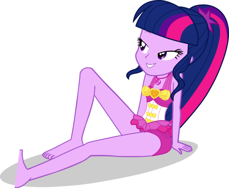 Size: 2636x2171 | Tagged: safe, alternate version, artist:dustinwatsongkx, derpibooru import, sci-twi, twilight sparkle, human, equestria girls, g4, accessory swap, bare shoulders, barefoot, clothes, clothes swap, feet, female, geode of sugar bombs, high res, image, magical geodes, missing accessory, no glasses, one-piece swimsuit, pinkie pie swimsuit, pinkie pie's beach shorts swimsuit, png, simple background, sleeveless, solo, swimsuit, swimsuit swap, transparent background