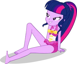 Size: 2636x2171 | Tagged: safe, alternate version, artist:dustinwatsongkx, derpibooru import, sci-twi, twilight sparkle, human, equestria girls, g4, accessory swap, bare shoulders, barefoot, clothes, clothes swap, feet, female, geode of sugar bombs, high res, image, magical geodes, missing accessory, no glasses, one-piece swimsuit, pinkie pie swimsuit, pinkie pie's beach shorts swimsuit, png, simple background, sleeveless, solo, swimsuit, swimsuit swap, transparent background