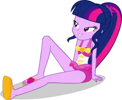 Size: 2636x2172 | Tagged: safe, alternate version, artist:dustinwatsongkx, derpibooru import, sci-twi, twilight sparkle, human, equestria girls, g4, accessory swap, bare shoulders, clothes, clothes swap, feet, female, high res, image, missing accessory, no glasses, one-piece swimsuit, pinkie pie swimsuit, pinkie pie's beach shorts swimsuit, png, simple background, sleeveless, solo, swimsuit, swimsuit swap, transparent background