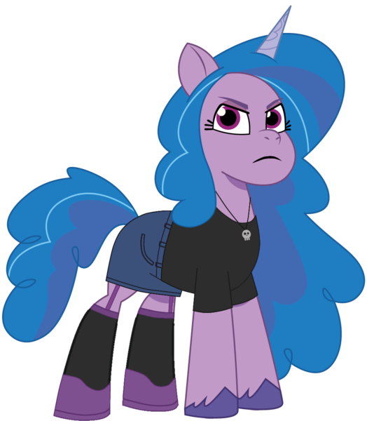 Size: 1038x1188 | Tagged: safe, artist:edy_january, artist:prixy05, derpibooru import, edit, editor:edy_january, vector edit, izzy moonbow, pony, unicorn, g5, my little pony: tell your tale, clothes, denim, denim skirt, garter belt, garter straps, high heels, horn, image, jewelry, laces, looking at you, miniskirt, necklace, png, serious, shirt, shoes, simple background, skirt, skull necklace, socks, solo, stockings, t-shirt, thigh highs, thread, threat, transparent background, vector, vulgar description