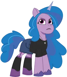 Size: 1038x1188 | Tagged: safe, artist:edy_january, artist:prixy05, derpibooru import, edit, editor:edy_january, vector edit, izzy moonbow, pony, unicorn, g5, my little pony: tell your tale, clothes, denim, denim skirt, garter belt, garter straps, high heels, horn, image, jewelry, laces, looking at you, miniskirt, necklace, png, serious, shirt, shoes, simple background, skirt, skull necklace, socks, solo, stockings, t-shirt, thigh highs, thread, threat, transparent background, vector, vulgar description