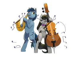 Size: 1216x960 | Tagged: safe, artist:idrawweeklypony, derpibooru import, blues, noteworthy, octavia melody, earth pony, pony, g4, bipedal, cello, duo, duo male and female, female, image, jpeg, looking at each other, looking at someone, male, mare, music notes, musical instrument, notetavia, saxophone, shipping, simple background, stallion, straight, white background