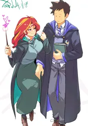 Size: 1400x2000 | Tagged: safe, artist:sozglitch, derpibooru import, sunset shimmer, oc, human, g4, bedroom eyes, big breasts, breasts, female, harry potter (series), hogwarts, human female, image, jpeg, magic, ravenclaw, redhead, slytherin, wand, witch, wizard, wizard robe