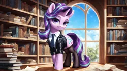 Size: 2272x1280 | Tagged: safe, ai content, derpibooru import, machine learning generated, prompter:ilham470, starlight glimmer, unicorn, g4, clothes, horn, image, jacket, library, necktie, png, shirt, socks, stockings, thigh highs