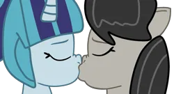 Size: 2403x1300 | Tagged: safe, artist:jadeharmony, derpibooru import, octavia melody, sonata dusk, earth pony, pony, unicorn, base used, cute, daaaaaaaaaaaw, duo, eyes closed, female, horn, image, kiss on the lips, kissing, lesbian, mare, png, shipping, sonatabetes, sontavia, unicorn sonata dusk