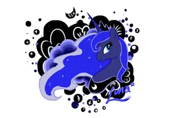 Size: 1000x686 | Tagged: safe, artist:silver1kunai, derpibooru import, princess luna, alicorn, pony, g4, abstract background, bust, drawthread, female, image, looking at you, mare, peytral, png, portrait, requested art, smiling, solo