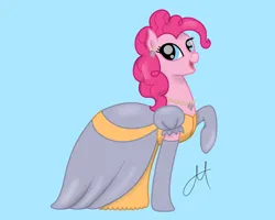 Size: 1280x1024 | Tagged: safe, artist:yinmai, derpibooru import, pinkie pie, earth pony, pony, blue background, cinderella, clothes, cute, diapinkes, dress, ear piercing, earring, evening gloves, female, gloves, gown, image, jetlag productions, jewelry, jpeg, long gloves, mare, necklace, open mouth, open smile, pearl necklace, piercing, poofy shoulders, raised hoof, simple background, smiling, solo