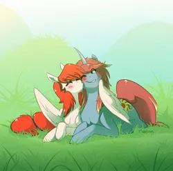 Size: 2000x1986 | Tagged: safe, artist:kaenn, derpibooru import, oc, unofficial characters only, pegasus, pony, unicorn, blushing, commission, curved horn, duo, eye clipping through hair, eyes closed, horn, hug, image, jpeg, kiss on the cheek, kissing, lying down, oc x oc, one eye closed, pegasus oc, prone, shipping, smiling, unicorn oc, winghug, wings