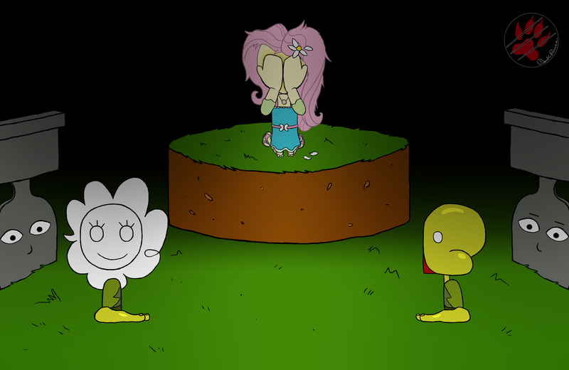 Size: 6000x3900 | Tagged: safe, artist:darkprinceismyname, derpibooru import, fluttershy, pinkie pie, human, equestria girls, g4, creepypasta, crossover, crying, dark background, drawn eyes, flower, flower in hair, grass, gravestone, halloween, halloween 2020, image, paul petscop, petals, petscop, png, sadness