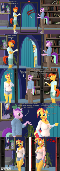 Size: 1920x5397 | Tagged: safe, artist:gradiusfanatic, derpibooru import, sunburst, sunset shimmer, oc, oc:andy glimmer, anthro, unicorn, g4, 3d, comic, female, horn, image, male, metal detector, png, source filmmaker, spanish text, unicorn oc