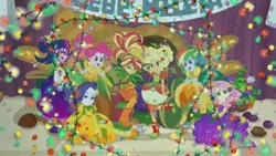 Size: 1333x750 | Tagged: safe, derpibooru import, edit, edited screencap, screencap, applejack, fluttershy, pinkie pie, rainbow dash, rarity, sci-twi, sunset shimmer, twilight sparkle, equestria girls, g4, christmas, christmas lights, cornucopia, cornucopia costumes, equestria girls specials, hat, holiday, humane five, humane seven, humane six, image, jpeg, link in description, link in source, my little pony equestria girls: holidays unwrapped, o come all ye squashful, snow, snowfall, snowflake