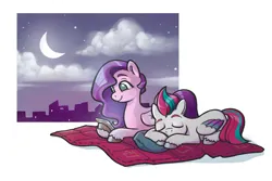 Size: 1110x741 | Tagged: safe, artist:sovwi, derpibooru import, pipp petals, zipp storm, pegasus, pony, g5, blanket, city, cityscape, duo, duo female, female, image, lying down, mare, mobile phone, moon, night, night sky, phone, pillow, png, prone, relaxing, royal sisters (g5), siblings, sisters, sky, sleeping, smartphone