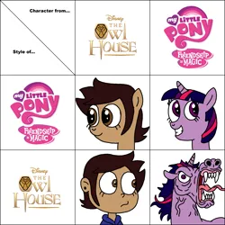 Size: 3005x3005 | Tagged: safe, artist:blackrhinoranger, derpibooru import, twilight sparkle, ponified, earth pony, human, pony, unicorn, g4, crossover, horn, image, luz noceda (the owl house), png, style emulation, the owl house