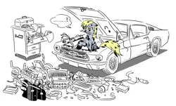 Size: 1000x604 | Tagged: safe, alternate version, artist:king-kakapo, derpibooru import, derpy hooves, pegasus, pony, g4, car, drawthread, female, ford, ford mustang, home improvement, i just don't know what went wrong, image, mare, mechanic, mustang, partial color, png, requested art, simple background, white background