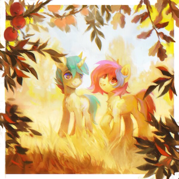 Size: 2048x2048 | Tagged: safe, artist:dearmary, derpibooru import, oc, oc:cuihua, oc:remainatto, unofficial characters only, earth pony, pony, unicorn, autumn, cute, duo, female, horn, image, jpeg, male, mare, stallion