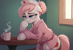 Size: 1170x800 | Tagged: safe, ai content, derpibooru import, machine learning generated, stable diffusion, nurse redheart, earth pony, pony, g4, bathrobe, boop, clothes, coffee mug, exhausted, generator:pony diffusion v6 xl, hat, image, mug, nurse hat, png, prompter:craft, robe, self-boop, sitting, tired