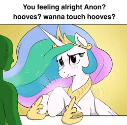 Size: 1260x1240 | Tagged: safe, artist:eels, derpibooru import, princess celestia, oc, oc:anon, alicorn, human, pony, boobs? wanna touch boobs?, duo, hoof shoes, hooves, human and pony, image, jewelry, meme, png, princess shoes, regalia, solo focus