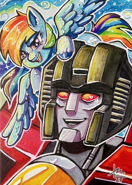 Size: 1428x2000 | Tagged: safe, artist:erieillustrates, derpibooru import, rainbow dash, pegasus, crossover, duo, duo male and female, female, image, jpeg, male, open mouth, outdoors, smiling, spread wings, starscream, transformers, wings