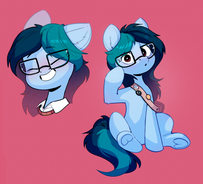 Size: 2477x2246 | Tagged: safe, artist:rexyseven, derpibooru import, oc, oc:delta vee, pony, female, glasses, image, mare, png, red background, simple background, solo