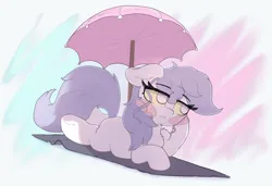 Size: 2957x2027 | Tagged: safe, artist:zzzsleepy, derpibooru import, oc, oc:chanter, ghost, ghost pony, pony, undead, g4, blush sticker, blushing, bored, colored sclera, female, filly, foal, gradient background, image, lying down, png, solo, umbrella, wavy mouth, yellow sclera