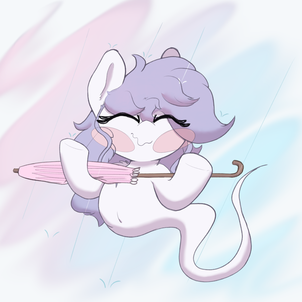 Size: 1926x1926 | Tagged: safe, artist:zzzsleepy, derpibooru import, oc, oc:chanter, ghost, ghost pony, pony, undead, g4, belly, belly button, blush sticker, blushing, eyes closed, female, filly, foal, gradient background, happy, holding, image, png, rain, solo, umbrella, wavy mouth