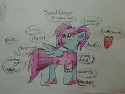 Size: 4160x3120 | Tagged: safe, artist:mashee, derpibooru import, oc, oc:sweet dessert, pegasus, pony, anime girls, anime style, apron, aquarelle, character card, charm, clothes, colored, cute, female, finished, food, happy, image, jpeg, lineart, looking up, mare, oc card, open mouth, open smile, pegasus oc, photo, pink, pink eyes, pink hooves, pink tail, ponytail, simple background, skirt, small pony, smiling, solo, spread wings, strawberry, tail, traditional art, waitress, white background, wings