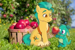 Size: 3181x2121 | Tagged: safe, artist:kittycatsun, derpibooru import, hitch trailblazer, sparky sparkeroni, dragon, earth pony, pony, g5, apple, apple tree, autumn, baby, baby dragon, cute, duo, duo male and female, female, food, hitchbetes, image, irl, male, photo, png, stallion, tree