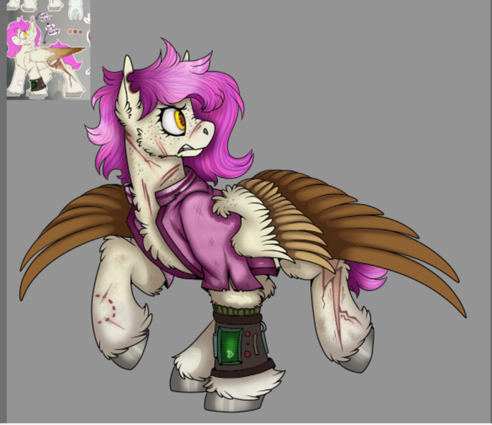 Size: 877x757 | Tagged: safe, artist:molars, derpibooru import, oc, oc:molars, pegasus, pony, angry, ashes town, branded, colored wings, dashite, dashite brand, gray hooves, gritted teeth, image, multicolored wings, pink mane, pipbuck, png, scar, solo, spread wings, teeth, unshorn fetlocks, wings, wip, yellow eyes