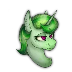 Size: 2300x2300 | Tagged: safe, artist:molars, derpibooru import, oc, oc:romantic dew, unofficial characters only, pony, unicorn, fallout equestria, ashes town, chest fluff, commission, eyeshadow, fluffy, horn, image, makeup, pink eyes, png, raised eyebrows, shrunken pupils