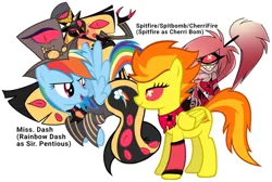 Size: 1080x724 | Tagged: safe, artist:proof-exchange-4003, derpibooru import, rainbow dash, spitfire, cyclops, demon, pegasus, pony, snake, g4, cherri bomb, cherrisnake, clothes, cosplay, costume, crossover, duo, duo female, fangs, female, floating, flying, hat, hazbin hotel, hellaverse, image, lesbian, male, mare, non-mlp shipping, png, punk, ship:spitdash, shipping, sir pentious, smiling, straight, text, top hat, uniform