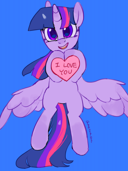 Size: 3072x4096 | Tagged: safe, artist:metaruscarlet, derpibooru import, twilight sparkle, twilight sparkle (alicorn), alicorn, pony, g4, blue background, english, flying, heart, horn, i love you, image, looking at you, open mouth, png, simple background, spread wings, text, wings