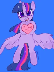 Size: 3072x4096 | Tagged: safe, artist:metaruscarlet, derpibooru import, twilight sparkle, twilight sparkle (alicorn), alicorn, pony, g4, blue background, english, flying, heart, horn, i love you, image, looking at you, open mouth, png, simple background, spread wings, text, wings