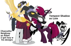 Size: 1080x703 | Tagged: safe, artist:proof-exchange-4003, derpibooru import, chancellor neighsay, tempest shadow, alicorn, pony, unicorn, g4, my little pony: the movie, adam (hazbin hotel), angel, clothes, cosplay, costume, crossover, female, guitar, guitarspear, halo, hazbin hotel, horn, image, lute (hazbin hotel), male, mare, mask, musical instrument, non-mlp shipping, open mouth, png, shipping, simple background, smiling, stallion, straight, teeth, tempest neighsay, white background