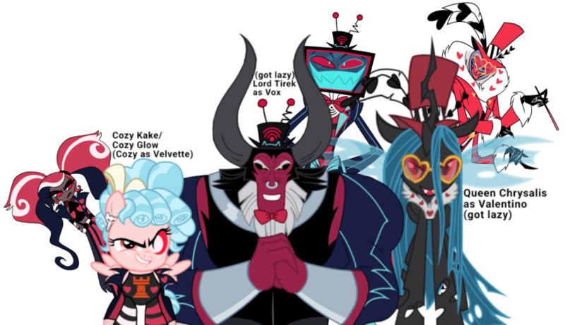 Size: 1080x623 | Tagged: safe, artist:proof-exchange-4003, derpibooru import, cozy glow, lord tirek, queen chrysalis, centaur, changeling, changeling queen, demon, insect, moth, taur, g4, clothes, cosplay, costume, crossover, doll, female, glasses, hat, hazbin hotel, hellaverse, image, png, smiling, top hat, toy, tv head, valentino (hazbin hotel), vees, velvette, vox