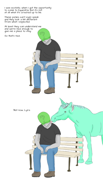 Size: 1658x3000 | Tagged: safe, artist:anonymousandrei, derpibooru import, lyra heartstrings, oc, oc:anon, horse, human, pony, unicorn, g4, 2 panel comic, anon mask, bench, comic, duo, expectation vs reality, female, hoers, horn, horses doing horse things, human in equestria, image, jpeg, licking, male, mare, sad keanu, sitting, that pony sure does love humans, tongue out