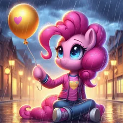 Size: 1024x1024 | Tagged: safe, ai content, derpibooru import, machine learning generated, pinkie pie, anthro, earth pony, g4, balloon, clothes, denim, female, hoodie, image, jacket, jeans, jpeg, lamppost, pants, prompter:pinkiepiepics, rain, solo