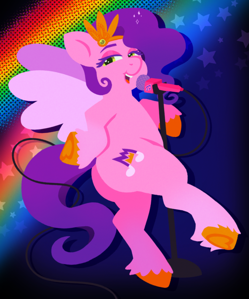 Size: 3046x3664 | Tagged: safe, artist:catponything, derpibooru import, pipp petals, pegasus, pony, g5, adorapipp, butt, crown, cute, female, hoof heart, image, jewelry, mare, microphone, open mouth, pipp butt, png, rainbow, raised leg, regalia, singing, smiling, solo, spread wings, standing, standing on two hooves, underhoof, wings