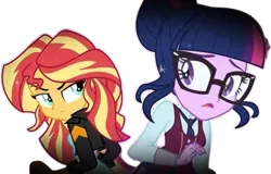 Size: 3929x2520 | Tagged: safe, derpibooru import, edit, edited screencap, editor:mrtoonlover83, screencap, sci-twi, sunset shimmer, twilight sparkle, equestria girls, g4, background removed, clothes, crystal prep academy uniform, duo, duo female, female, glasses, image, my little pony equestria girls: friendship games, not a vector, png, school uniform