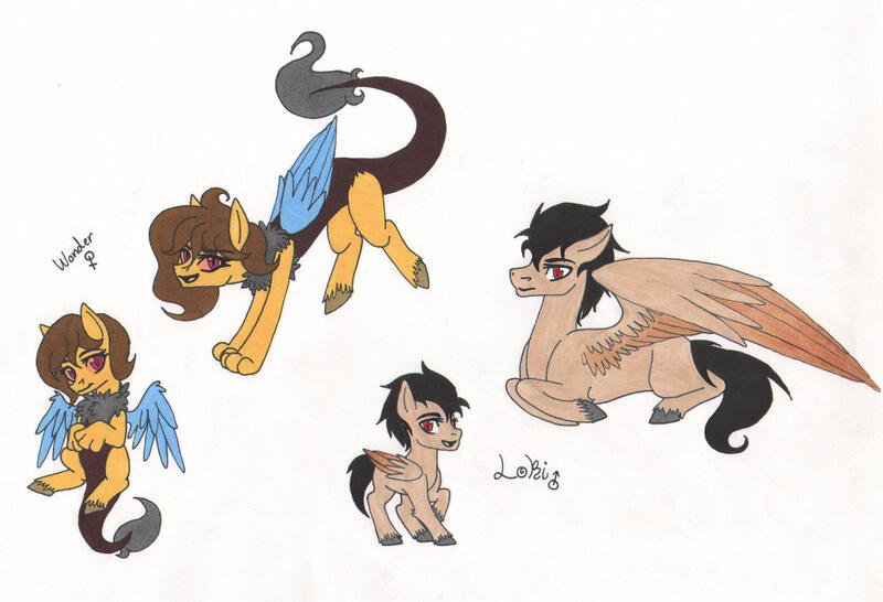 Size: 1964x1341 | Tagged: safe, artist:tazzy-girl, derpibooru import, oc, oc:loki, oc:wonder, unofficial characters only, draconequus, pegasus, pony, female, image, jpeg, male, parent:discord, parents:canon x oc, stallion, traditional art