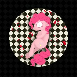 Size: 1560x1580 | Tagged: semi-grimdark, artist:squeezymouse, derpibooru import, pinkie pie, earth pony, pony, g4, aerial view, alternate cutie mark, balloon, checkered background, checkered floor, derpibooru exclusive, emaciated, female, image, looking at you, lying down, mare, no catchlights, no pupils, png, skinny, solo, thin, trash