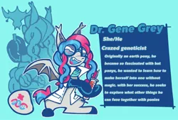 Size: 2048x1384 | Tagged: safe, artist:sharktempo, derpibooru import, oc, unofficial characters only, bat pony, pony, ambiguous gender, backstory, bat pony oc, bat wings, clothes, english, gray coat, image, jpeg, lab coat, mad scientist, open mouth, open smile, pronouns, reference sheet, smiling, solo, text, two toned mane, wings