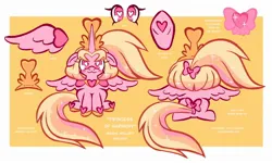 Size: 2048x1232 | Tagged: safe, artist:tricky_cannon, derpibooru import, oc, unofficial characters only, alicorn, pony, adoptable, alicorn oc, blonde mane, blonde tail, cute, front view, horn, image, jpeg, mare oc, ocbetes, passepartout, pink coat, rear view, reference sheet, sitting, smiling, solo, tail, wings