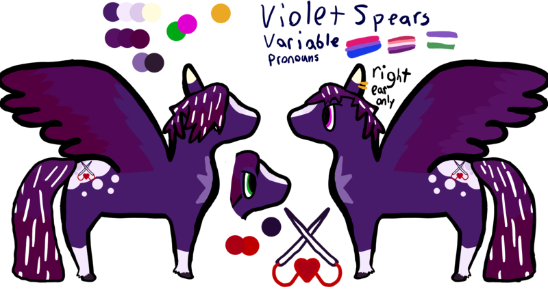 Size: 4200x2260 | Tagged: safe, artist:apple, derpibooru import, oc, oc:violet spears, ponified, unofficial characters only, pegasus, pony, blaze (coat marking), both cutie marks, coat markings, colored hooves, colored wings, ear markings, ear piercing, earring, facial markings, hooves, image, jewelry, multicolored hair, multicolored mane, multicolored wings, pegasus oc, piercing, png, ponified oc, pride, pride flag, pronouns, rain world, reference sheet, scar, transbian pride flag, wings