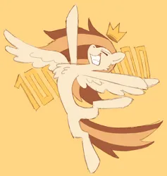 Size: 1253x1322 | Tagged: safe, artist:tricky_cannon, derpibooru import, oc, oc:prince whateverer, unofficial characters only, pegasus, pony, brown mane, cream coat, crown, eyes closed, full body, grin, happy, image, jewelry, jpeg, open mouth, open smile, regalia, simple background, smiling, solo, spread arms, tan coat, teeth, wings, yellow background