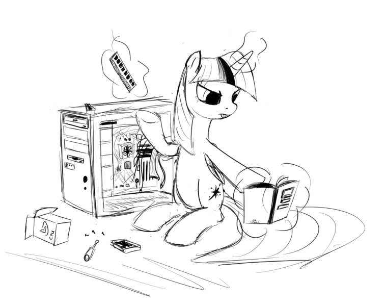 Size: 962x763 | Tagged: safe, artist:anonymous, derpibooru import, twilight sparkle, twilight sparkle (alicorn), alicorn, pony, g4, :p, black and white, book, box, building, cardboard box, computer, cooling fan, doodle, drawthread, fan, female, grayscale, image, instruction manual, mare, monochrome, png, random access memory, requested art, screw, screwdriver, simple background, sketch, solo, tongue out, white background