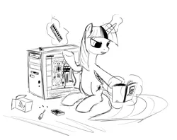 Size: 962x763 | Tagged: safe, artist:anonymous, derpibooru import, twilight sparkle, twilight sparkle (alicorn), alicorn, pony, g4, :p, black and white, book, box, building, cardboard box, computer, cooling fan, doodle, drawthread, fan, female, grayscale, image, instruction manual, mare, monochrome, png, random access memory, requested art, screw, screwdriver, simple background, sketch, solo, tongue out, white background